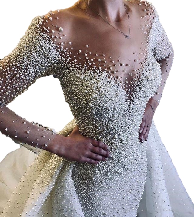 Luxurious Crystal Pearls Princess Wedding Dresses with Detachable Train Illusion Long Sleeve Sheer Neck Church Bridal Gowns Plus Size