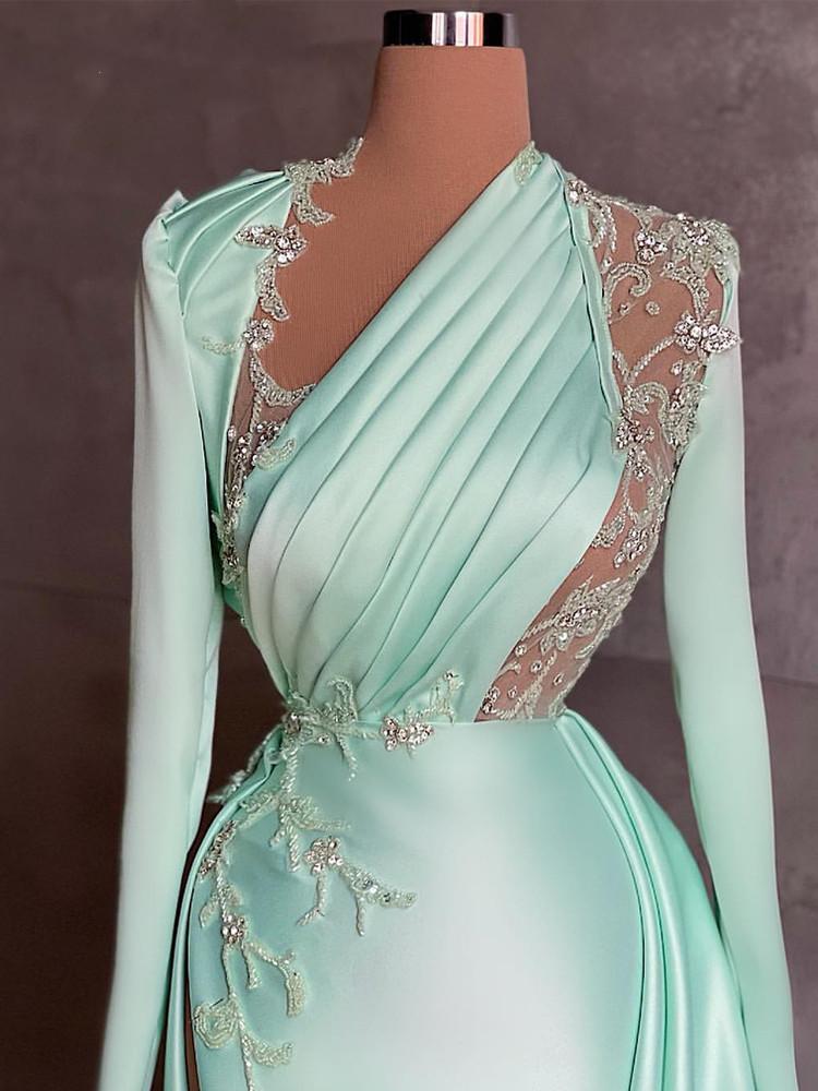 Mint Green Side Split Prom Dresses Appliques Pleats Long Sleeve Evening Dress Custom Made Sweep Train Women Formal Celebrity Party Gown