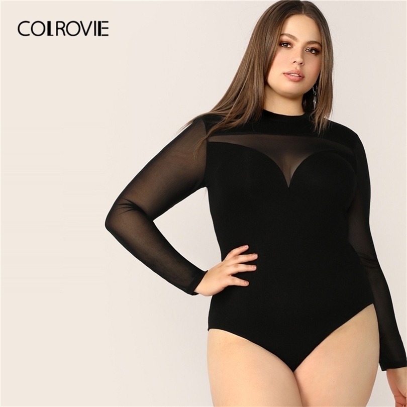 COLROVIE Plus Black Sheer Yoke Keyhole Back Sweetheart Bodysuit Women Solid Bodysuit Fall Sexy Elegant Skinny Bodysuits 201007