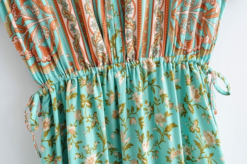 BOHO Covered Button V neck Floral print Bohemia Dress Summer Ethnic Woman Short Sleeve Tie Bow Strappy Maxi Long Dresses 220511