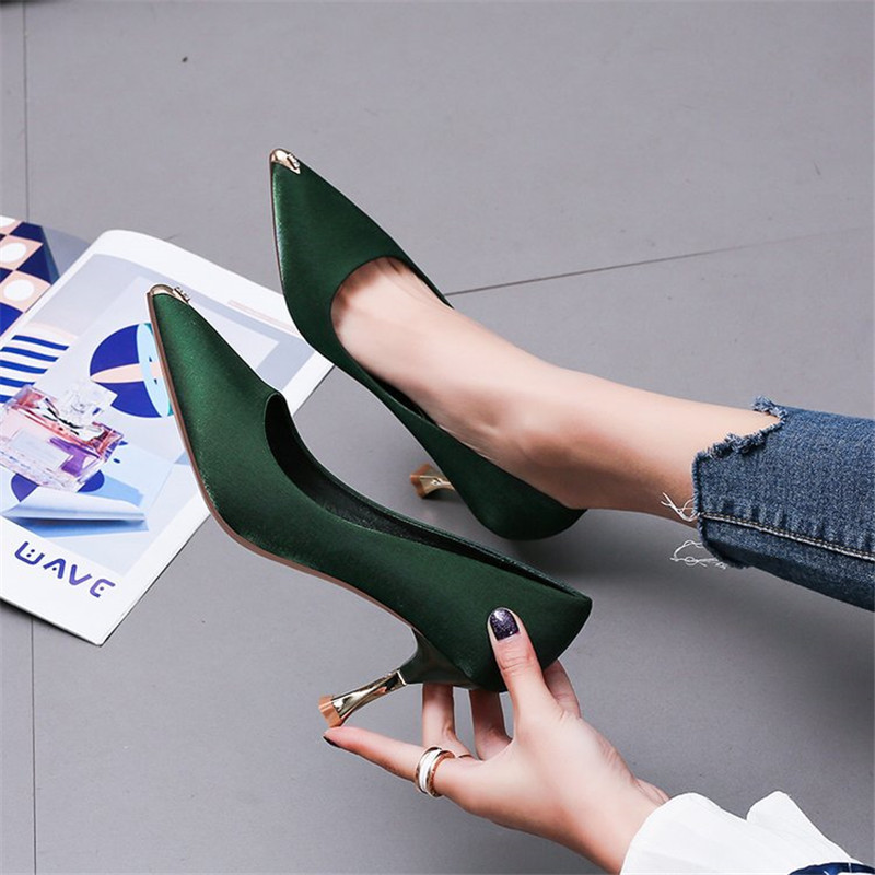 Arrival Green Heels Pointed Toed Office Lady Mid-Heel Pumps Woman High Evening Shoes Summer Stiletto Shoe B350 220328