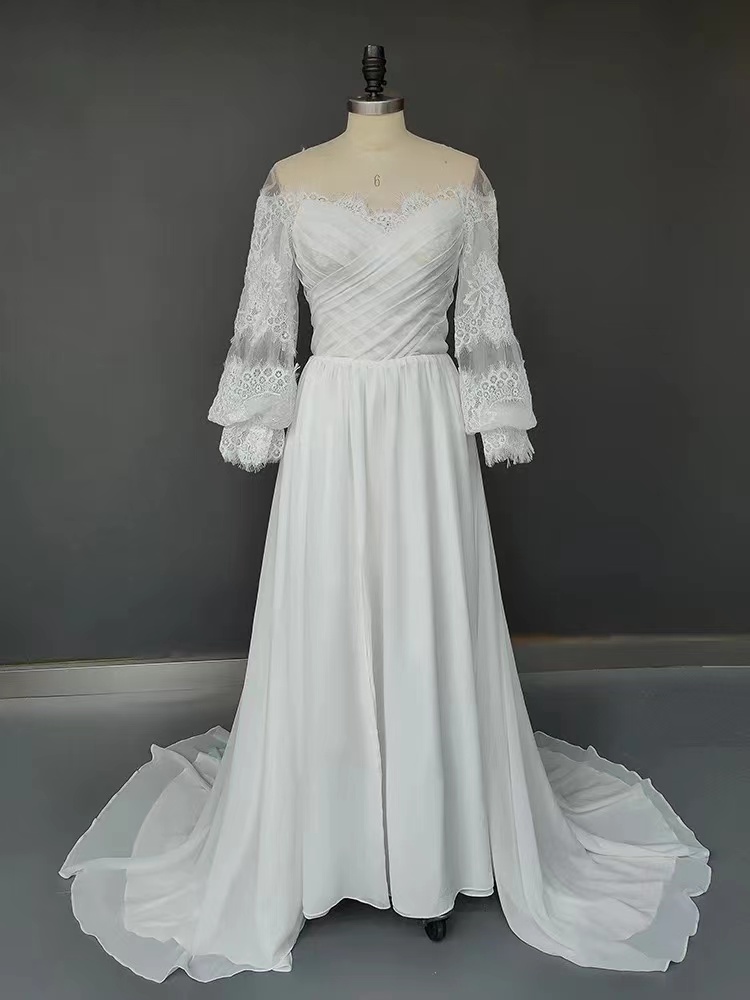 Bridal Gown Manager Recommended White Off Shoulder Floor Length Long Sleeves High Spit Lace Wedding Dresses