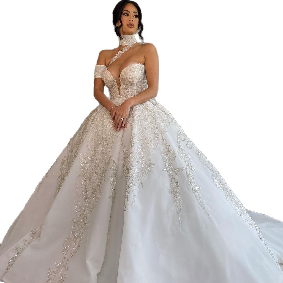 Modest Ball Gown Wedding Dress Puffy Bling Sequins Appliques High Neck Bridal Gowns Custom Dubai Bride Dresses