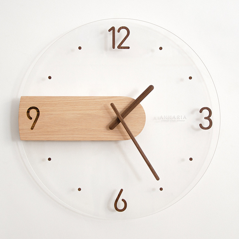 Simple Wall Clock Creative 40cm Solid Wood Acrylic Glass Transparent Wall Hanging Clock Watch Home Living Room Decorative Clock