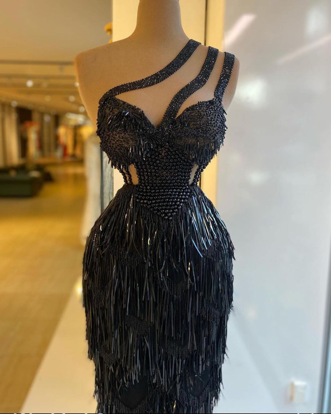 Luxurious Black Mermaid Evening Dresses Beaded Tassels Party Gowns One Shoulder Women Formal Floor Length Robe De Soriee