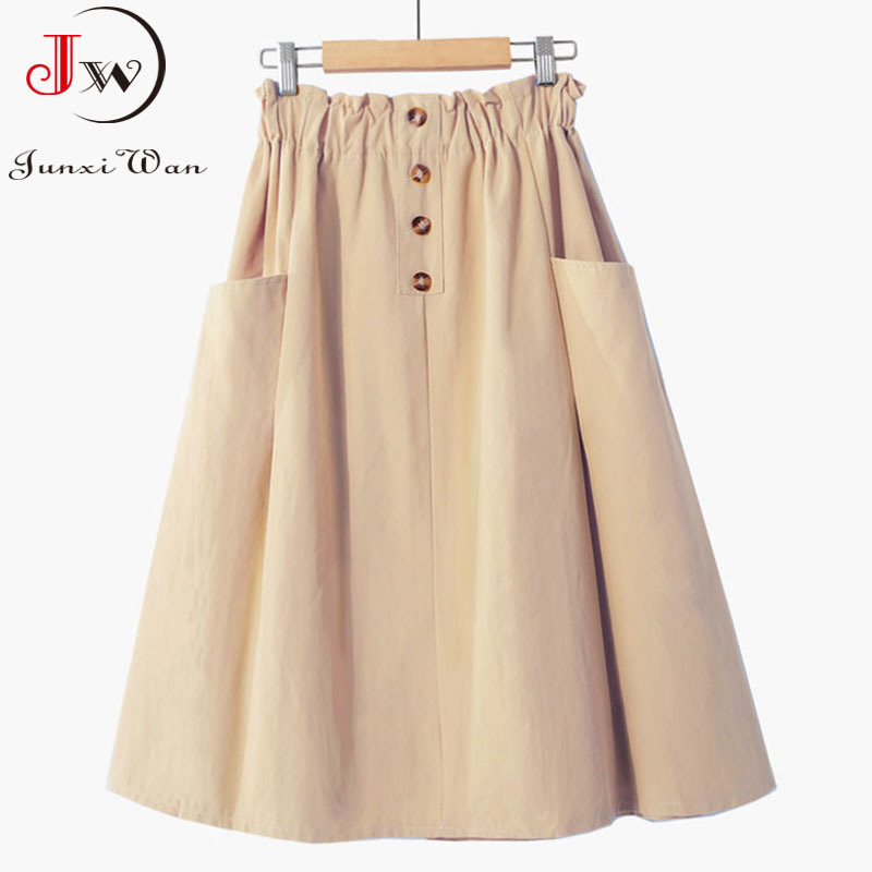 Women Summer Skirt Spring Korean Style Casual Solid High Waist ALine Midi Skirts With Pocket Girls Elegant Faldas 220701