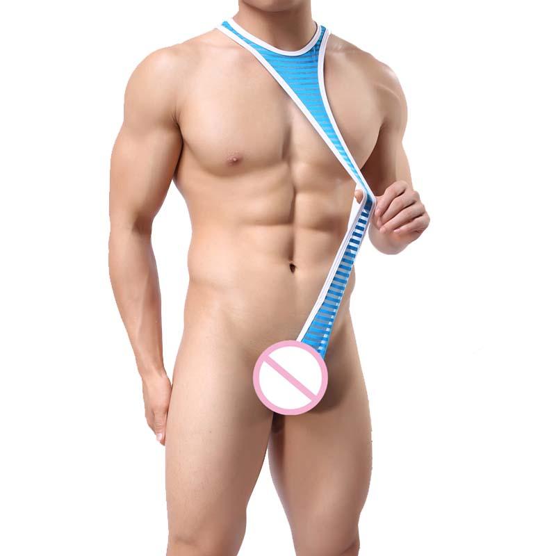 Men's Body Shapers Mens Bodysuit One Piece Sexy Stripes Underwear Pouch G-string Nightwear Jumpsuit CostumeMen's