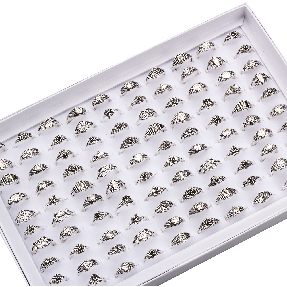 100Pcs Mix style Flower Elegant Alloy Band Rings Vintage Rings for women Jewelry Whole lots