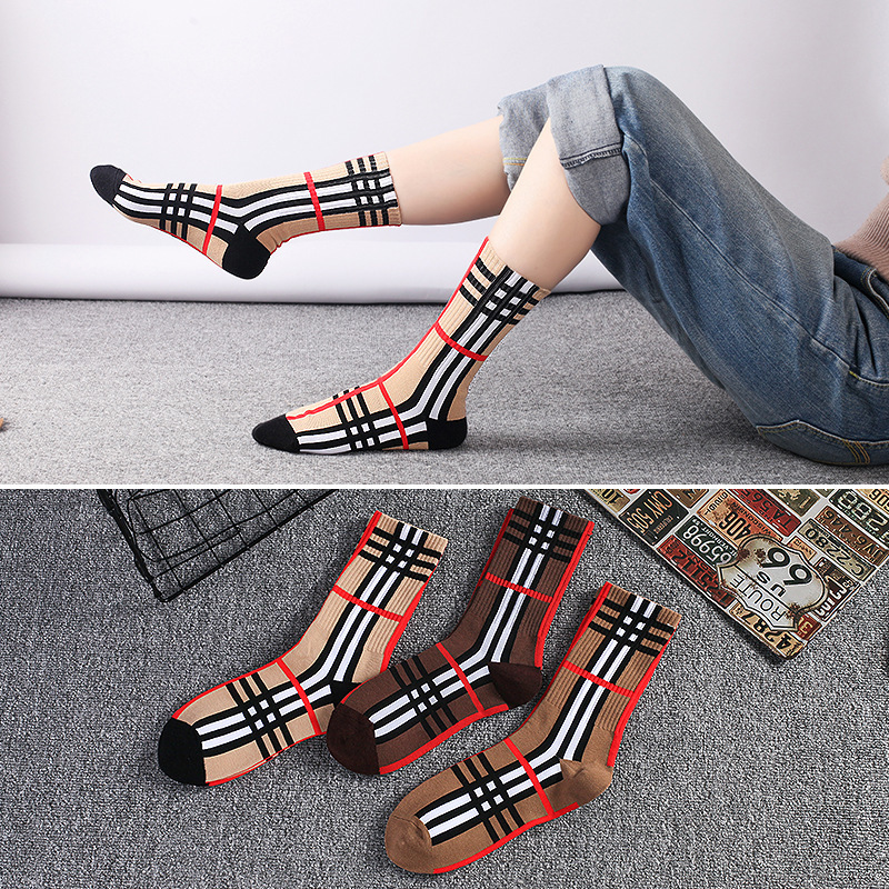 Trendy Plaid Socks Striped Brown Cotton Comfortable Socks Women Street Versatile Casual Sports Socks