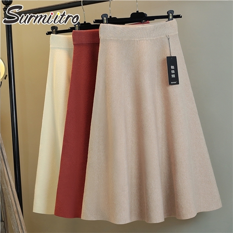SURMIITRO Fashion Autumn Winter Knitted Midi Long Skirt Women ElegantKorean Style Mid-Length High Waist A Line Female 220317