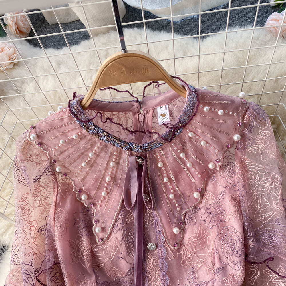 Floral French Style Long Dress Summer Women Zipper Beading Long Sleeves Embroidery Ladies A Line Slim