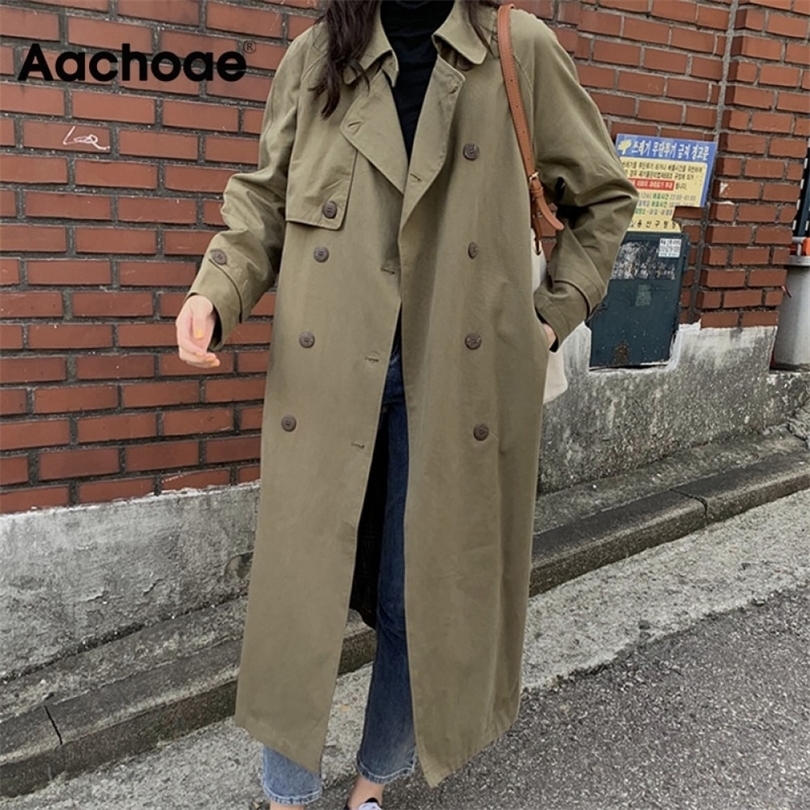 Aachoae Women Double Breasted Solid Long Trench Batwing Long Sleeve Straight Coat Bandage Elegant Windbreaker Korean Outwear 201111