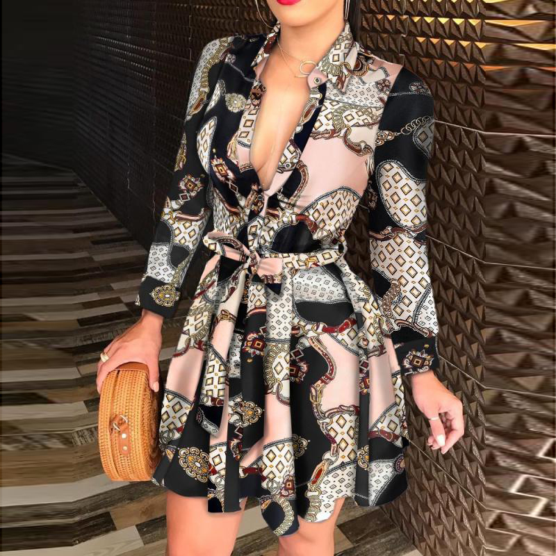 hirigin Women Printed Long Sleeve Dress Casual Bandage Mini A-line Dresses Sexy Party Summer Feminias Vestidos Women Clothes 220523