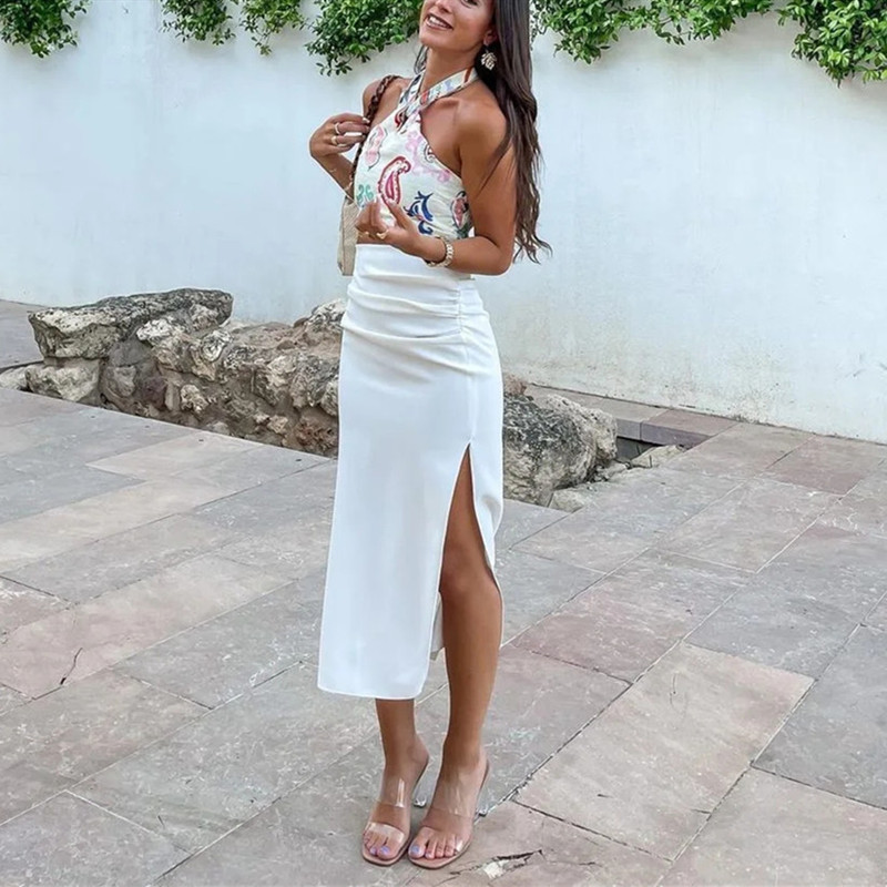 TRAF Halter Top Women Print Crop Female White Ruched Knot Strappy Camisole Summer Sleeveless Sexy Backless Tank s 220316