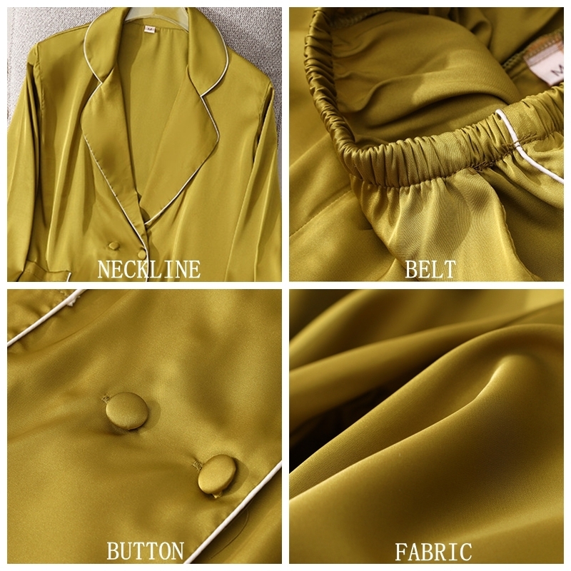 JULY'S SONG Faux Silk Pajamas Set Spring Autumn Sleepwear Women Casual Long-sleeved Trousers Ice Turn-down Collar Female 220329