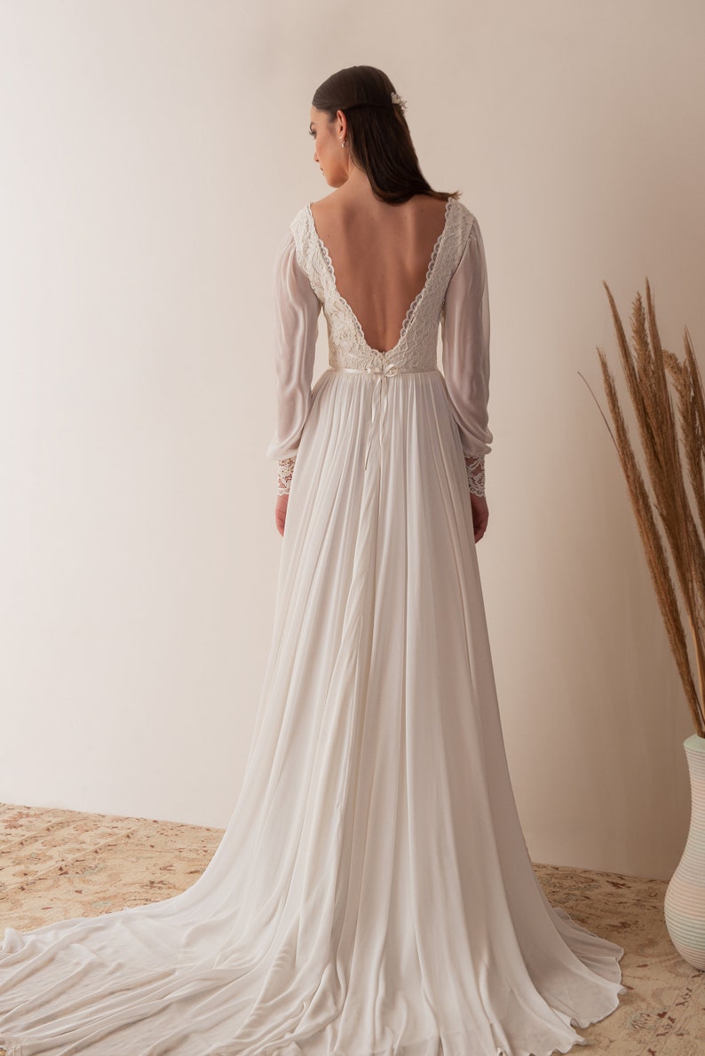 Boho Lace Beach Wedding Dress Sexy High Side Split Bridal Dresses Chiffon Long Sleeve Wedding Gowns Vestido de Noiva