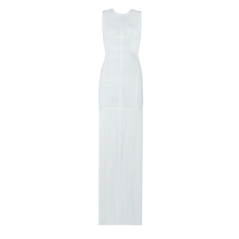 High Quality White Sleeveless Tassel Hollow Out Bodycon Rayon Bandage Dress Evening Party Sexy Dress 220507