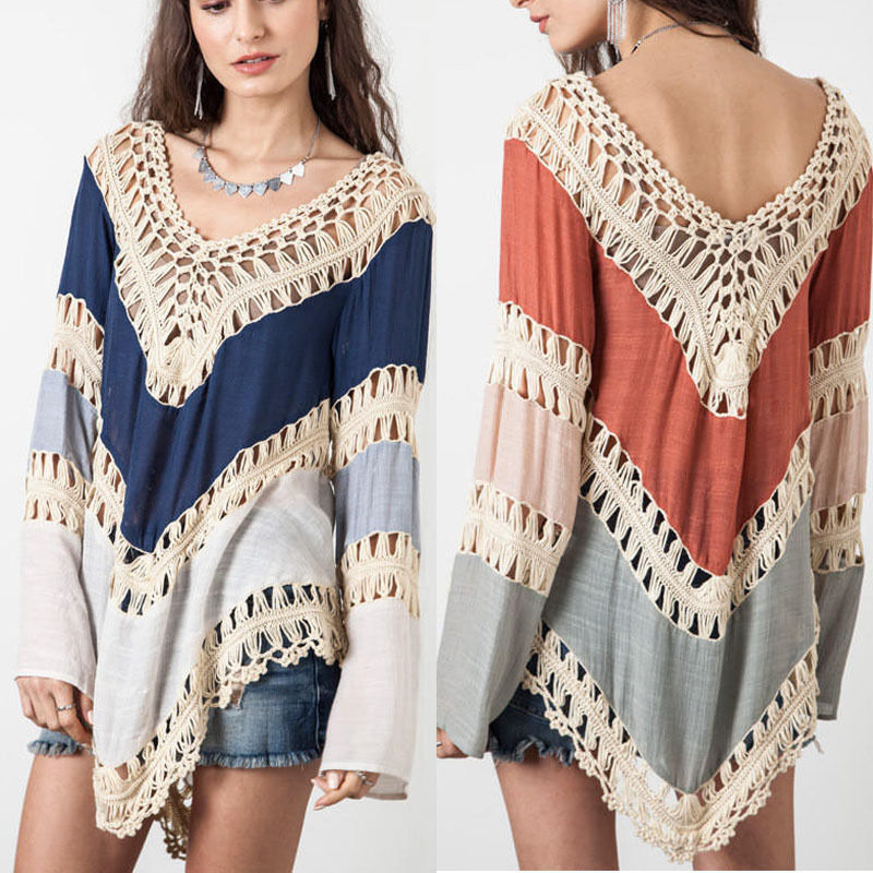 Fashion Womens Long Sleeve Lace Knitwear Pullover Crochet Sweater Top Blouse Women shirt