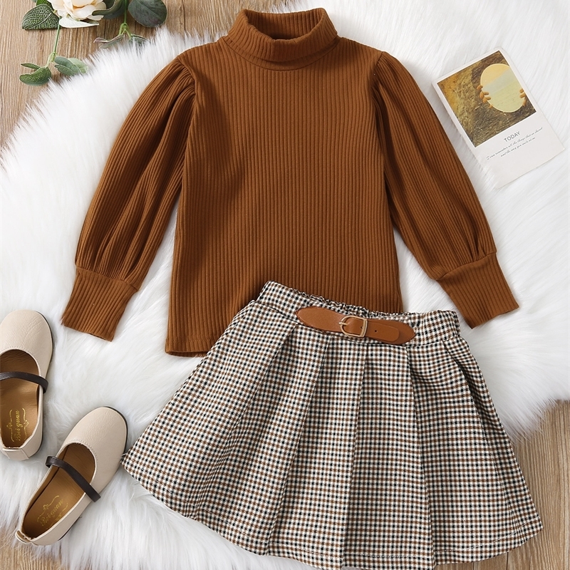 Girls Rib-knit High Neck Tee & Plaid Pleated Skirt SHE