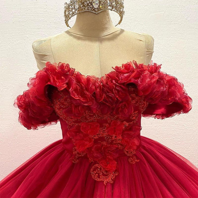 Red 3D Flowers Quinceanera Dresses Ball Gown Formal Prom Graduation Gowns Flower Straps Beaded Sweetheart 15 16 Dress vestidos