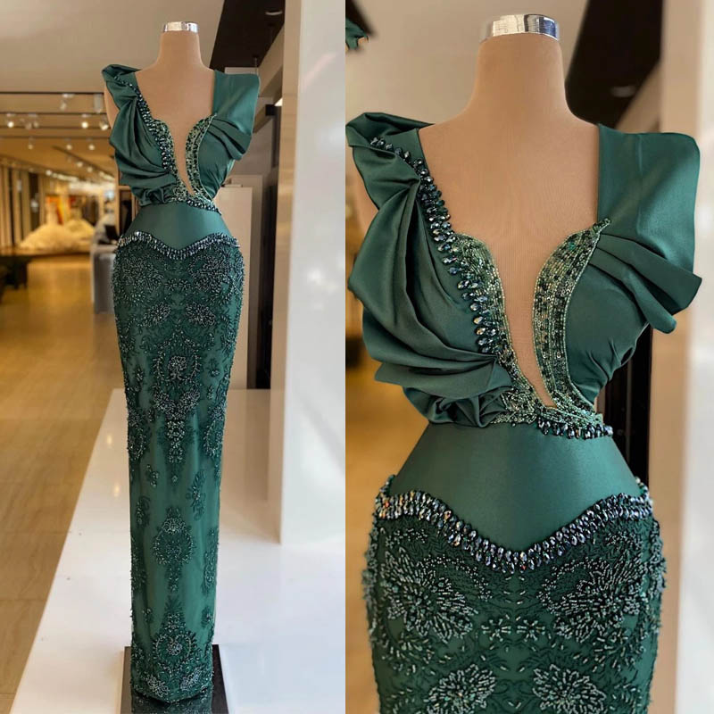 Green Beading Mermaid Evening Dress V Neck Custom Made Women Party Gown Crystal Lace Sequined Prom Robe
