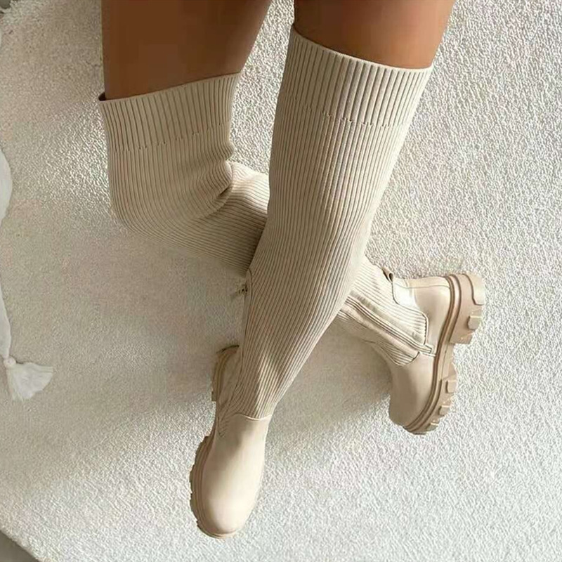 Flats Shoes Thick Sole Boots Autumn Winter Breathable Knitting Upper Women Thigh High Boots Stretch Round Toe Black Boots 220316