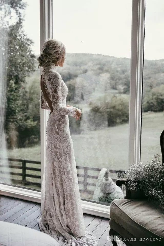 Boho Mermaid Lace Wedding Dresses Bridal Gown Sexy Backless Long Sleeves High Neck Ruffles Custom Made Ruched Country Beach Vestidos De Novia