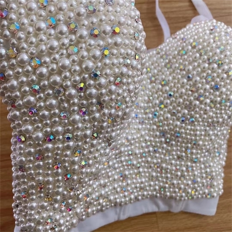 High-Quality Hand-Made Pearls Jewel Diamond Bralet Women's Bustier Bra Cropped Top Vest Plus Size w1165 220325
