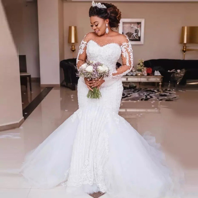 2023 Plus Size Mermaid Wedding Dresses Lace Organza Ruffled Long Sleeves Vestido De Noiva Romantic Custom Size wear