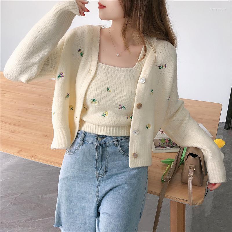 Women's Knits & Tees 2022 Autumn Fashion Two-piece Top Suit Flower Embroidered Knitted Cardigan And Sling Sweater Korean Style Slim Sweet Ja, Beige 
Women's Knits & Tees 2022 Autumn Fashion Two-piece Top Suit Flower Embroidered Knitted Cardigan And Sling Sweater Korean Style Slim Sweet Ja, Beige