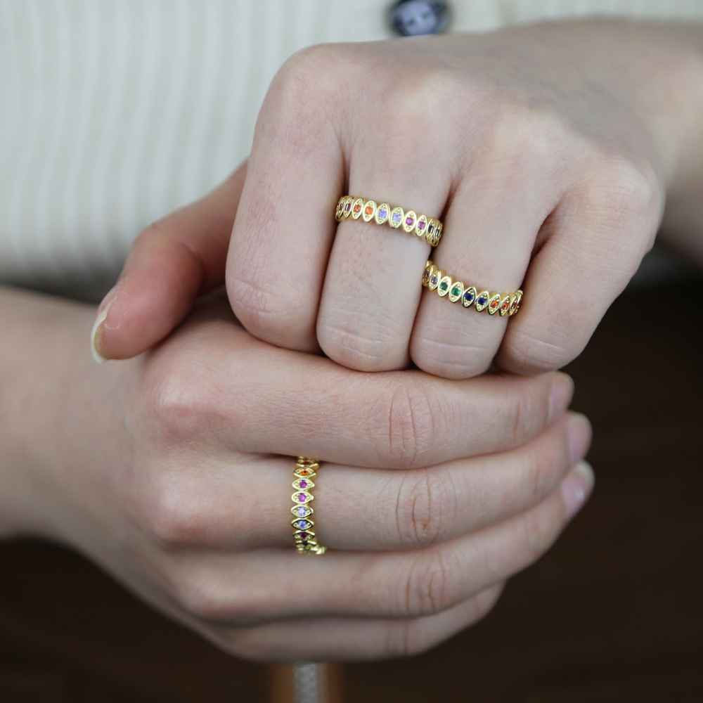 Gold Plated band finger ring with rainbow cubic zircon stones paved women lady engagement wedding rings jewelry wholesale