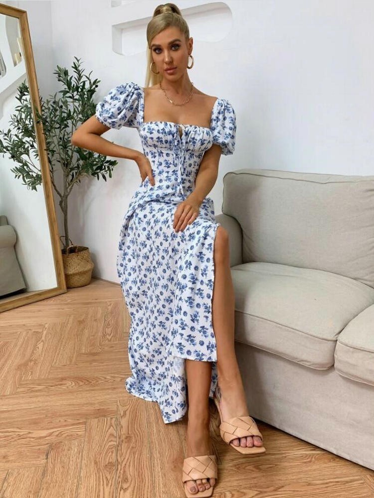 Ditsy Floral Print Puff Sleeve Tie Front High Split Dress Women Ruched Drawstring Party Long Dress Vestidos Sundress 220510