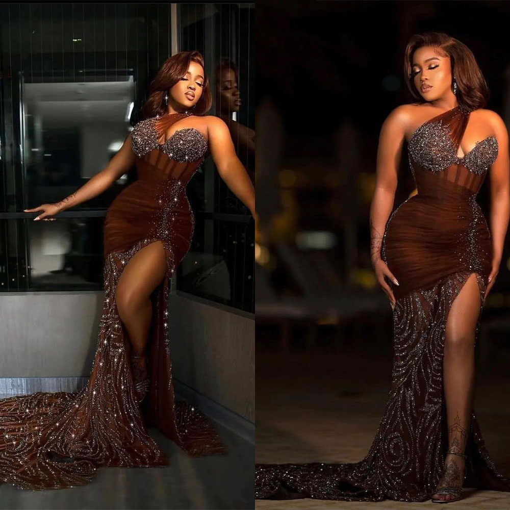 Black Mermaid Prom Dresses Sexy V Neck Sleeveless Strapless Halter Lace Appliques Sequins Plus Size Luxury Side Slit Prom Gowns Floor Length Custom Ma