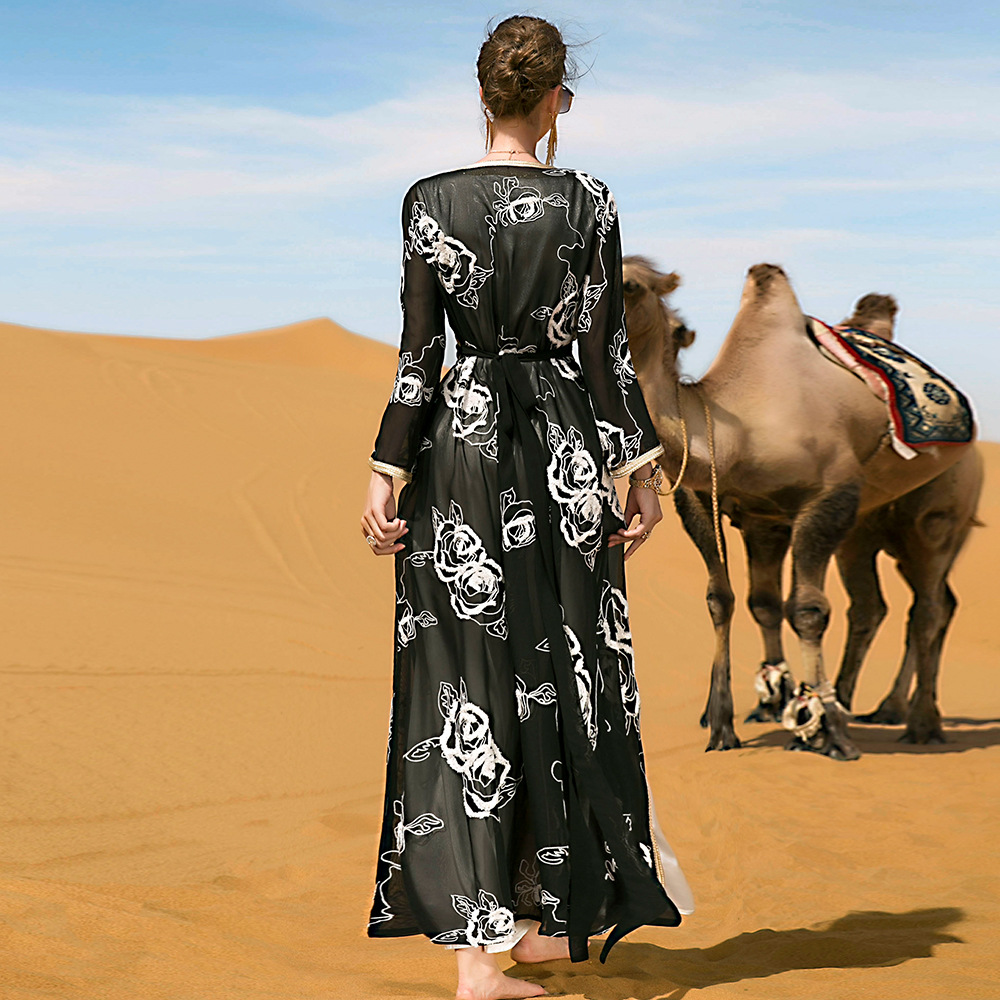 Elegant Black Two Pieces Evening Dress 2022 Dubai Long Sleeve Arabic Long Prom Dresses With Belt Vintage Women Formal Party Gown Vestidos De Noche Lar