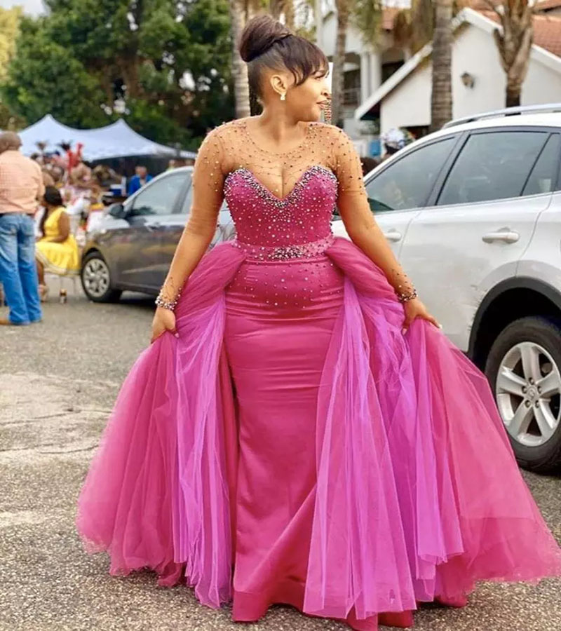 Hot Pink Plus Size Prom Dresses For Black Girls 2022 Long Sleeve Beaded Pearls Mermaid Evening Gowns With Overskirt Formal Wear Luxury African Dubai P