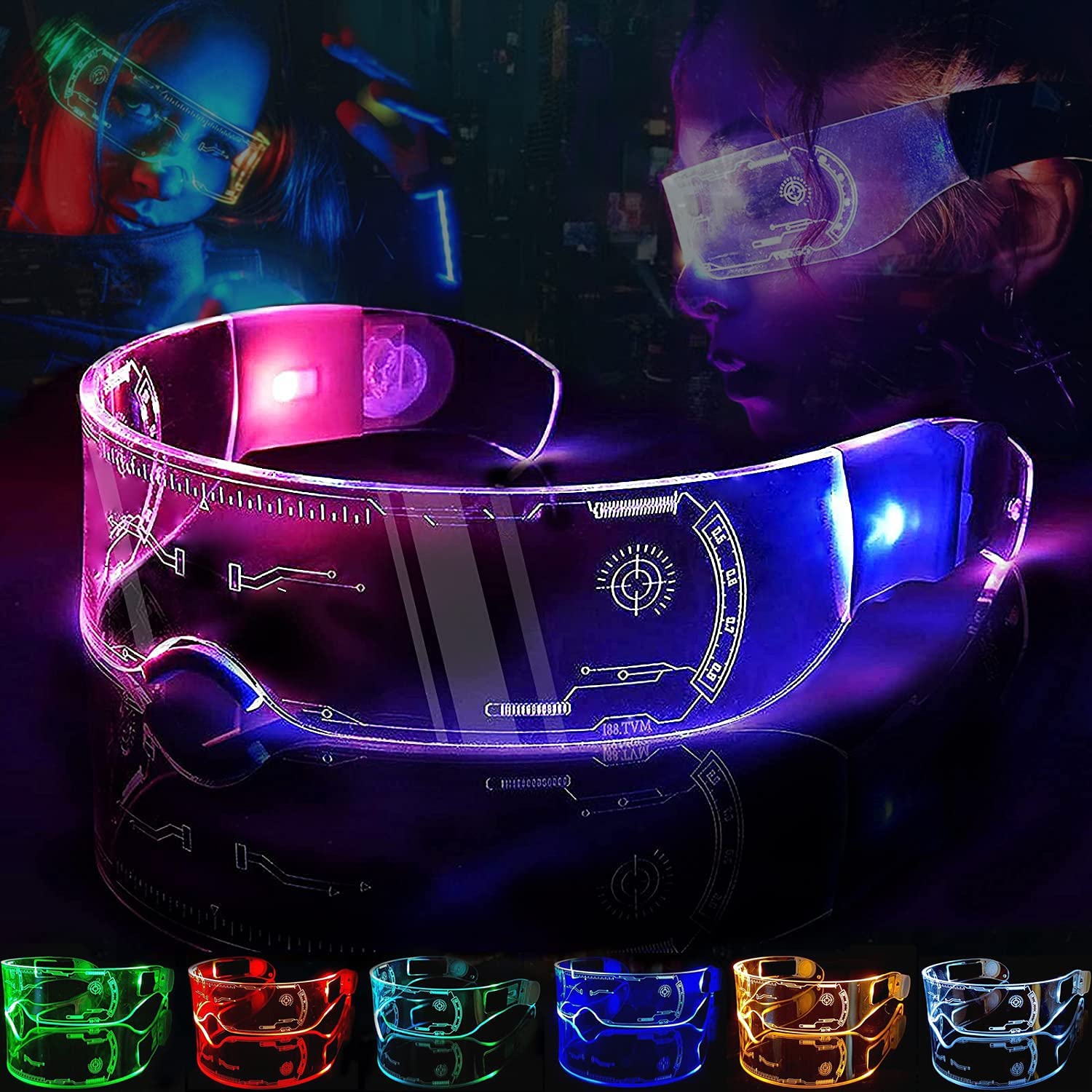 LED Luminous Visor Glasses Dj Accessories Futuristic 7 Colors Light Up Cool Neon Shine Goggles Cyberpunk Halloween Carnival Decorative Props Party Sup