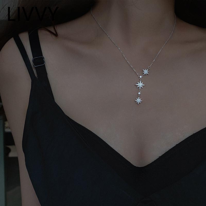 

Pendant Necklaces LIVVY Silver Color Eight Angle Of Stars Necklace For Women Micro-Inlaid Shiny Zircon Clavicle Chain Jewelry