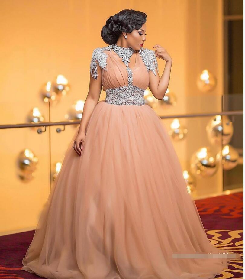 Elegant Champagne Prom Dresses With Crystal Black Girls African Plus Size Evening Dress A Line Tulle Short Sleeve Formal Women Party Gowns vestidos de
