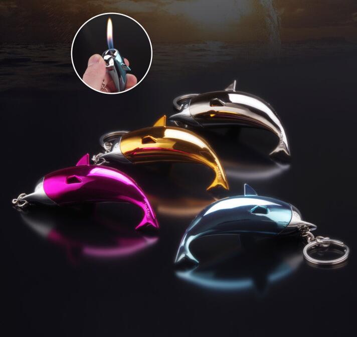 Newest Dolphin Shaped Fire Lighter Keychain Ring Inflatable No Gas Metal Cigar Butane Cigarette Flame Lighters Smoking Tool Home Decorative W260202