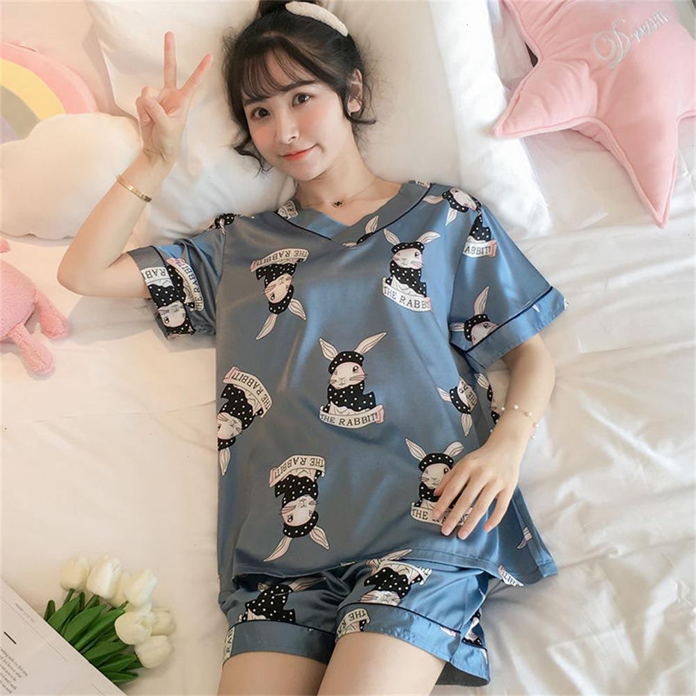 

Womens Summer Short-sleeved Ice Silk Sleepwears Pajamas Women Loose And Comfortable Homewear Pyjama Femme Satin Pajama Shorts, 16
