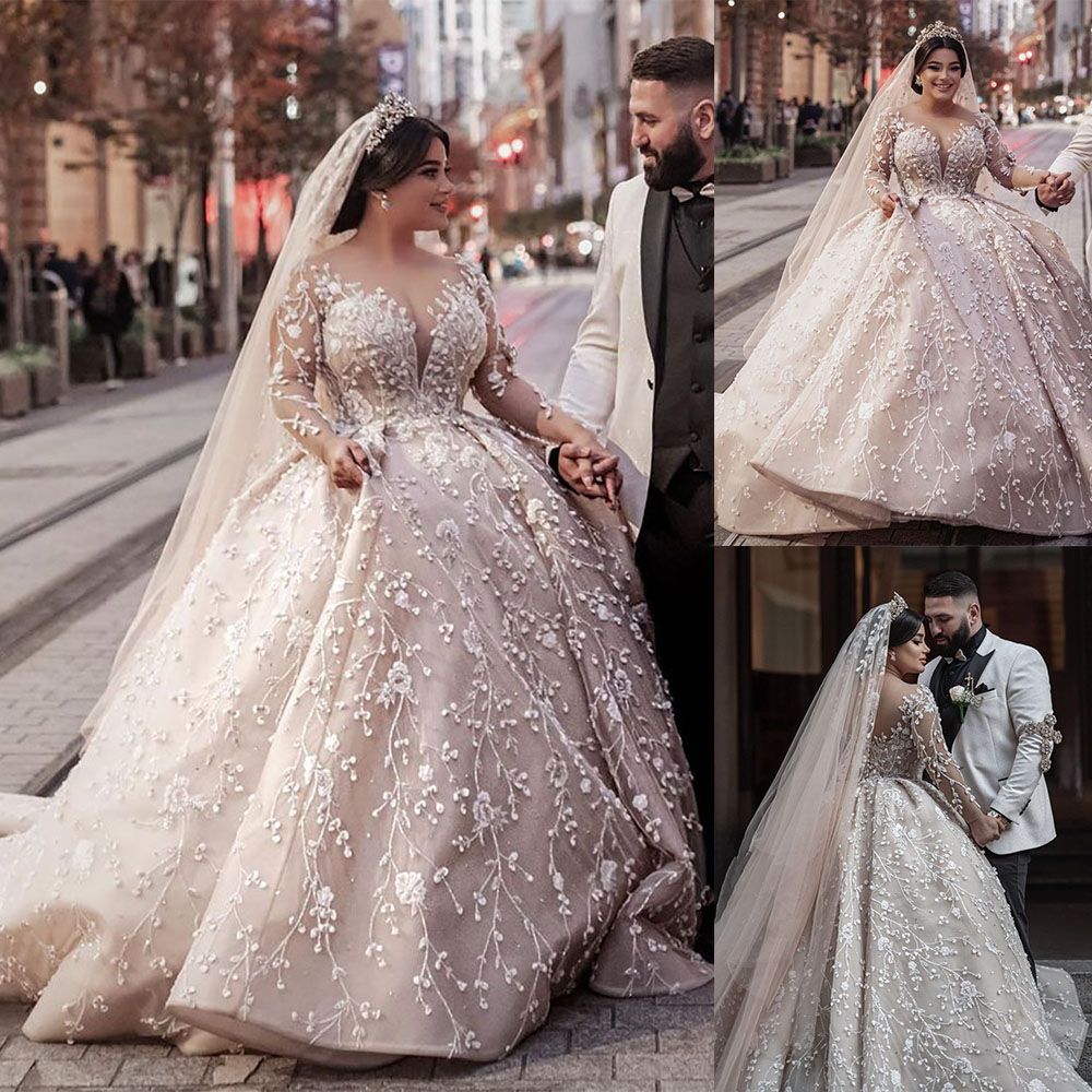 Elegant Ball Gown Wedding Dresses Appliques Sequins Beads V Neck Long Sleeves Backless Floor Length Train Elegant High Waist Vintage Robes De Soiree