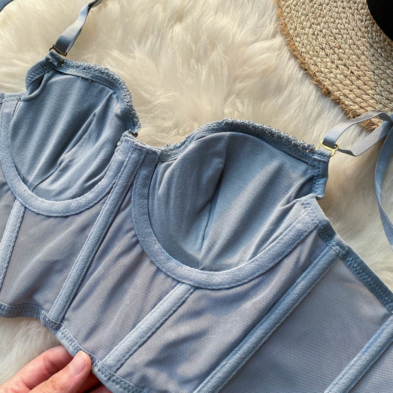 French Romance Floral Embroidery Bustier Corset Top Women Summer Ultrathin Push up Bra Adjustable Strap Cami Tank 220325