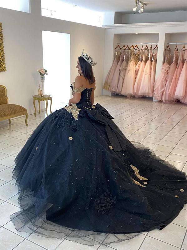 Vintage Black Ball Gown Quinceanera Dresses Vestidos De 15 Anos Glitter Sequins Lace Appliques Birthday Princess Party Gowns Bow Off The Shoulder Swee