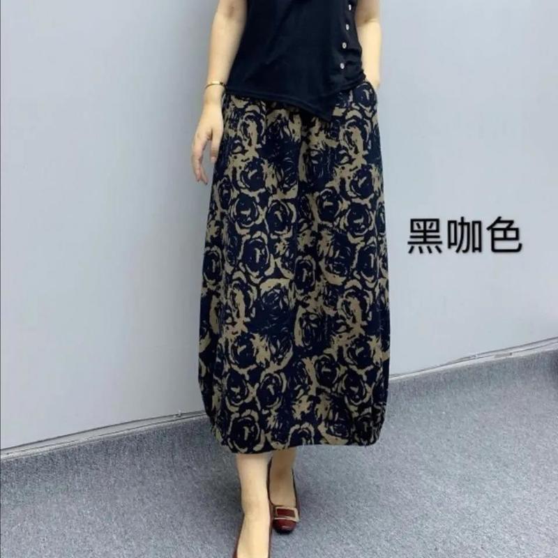Women Vintage Floral Print Cotton Linen Skirt Autumn Mid Length High Waist Casual Retro Elastic Spring A Line Skirts 220322