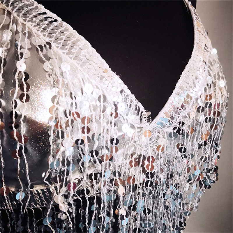 Women Belly Dance Bra Top Halter Bling V-Neck Backless Lace-up Sequin Fringe Crop Party Clubwear Beach Rave Festival 220316