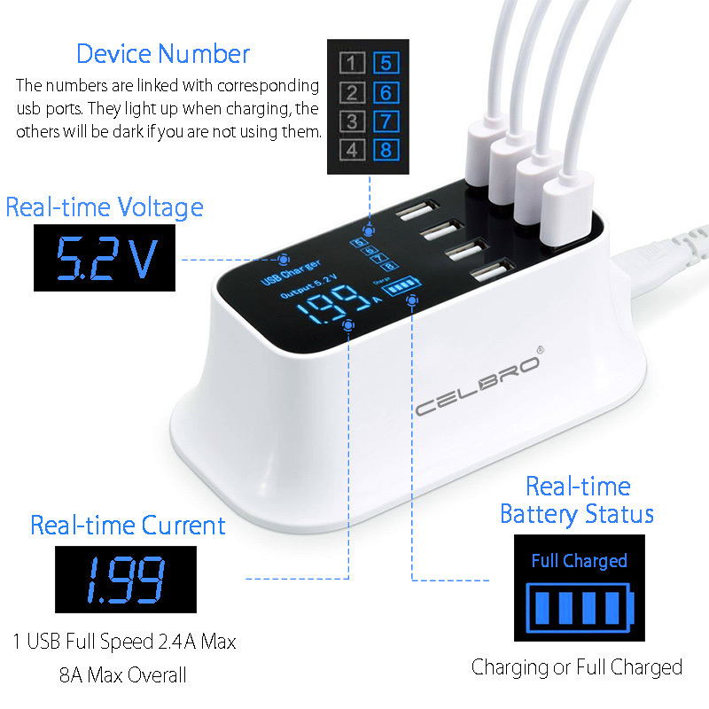 8 Port Wall Usb Hub Charger Adapter 8a Multiple For Mobile Phone Led Desktop Charging Station Base Eu Us Uk Plug