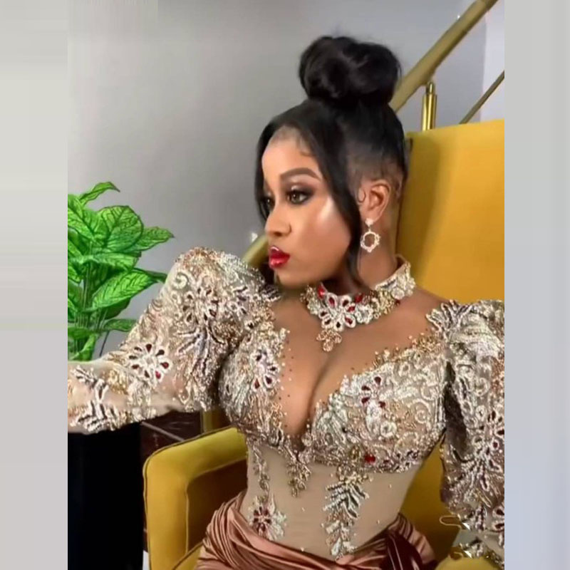 Arabic Mermaid Evening Party Dresses Sexy Slit Plus Size Long Sleeve Sheer Neckline Beads Crystals Appliques prom reception gown