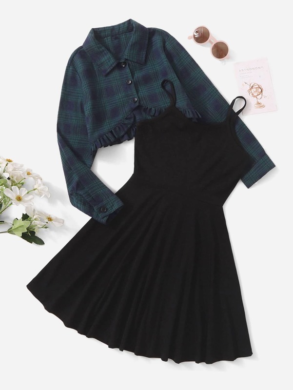 Girls Plaid Print Frill Hem Blouse & Cami Dress SHE