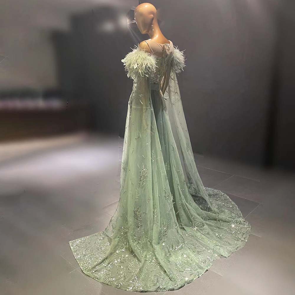 Green A-line Evening Dress Glitter Lace Sequins Appliques Beads Ostrich Feather Floor Length Sleeveless Chiffon Ruffles Elegant Custom Made Plus Size 