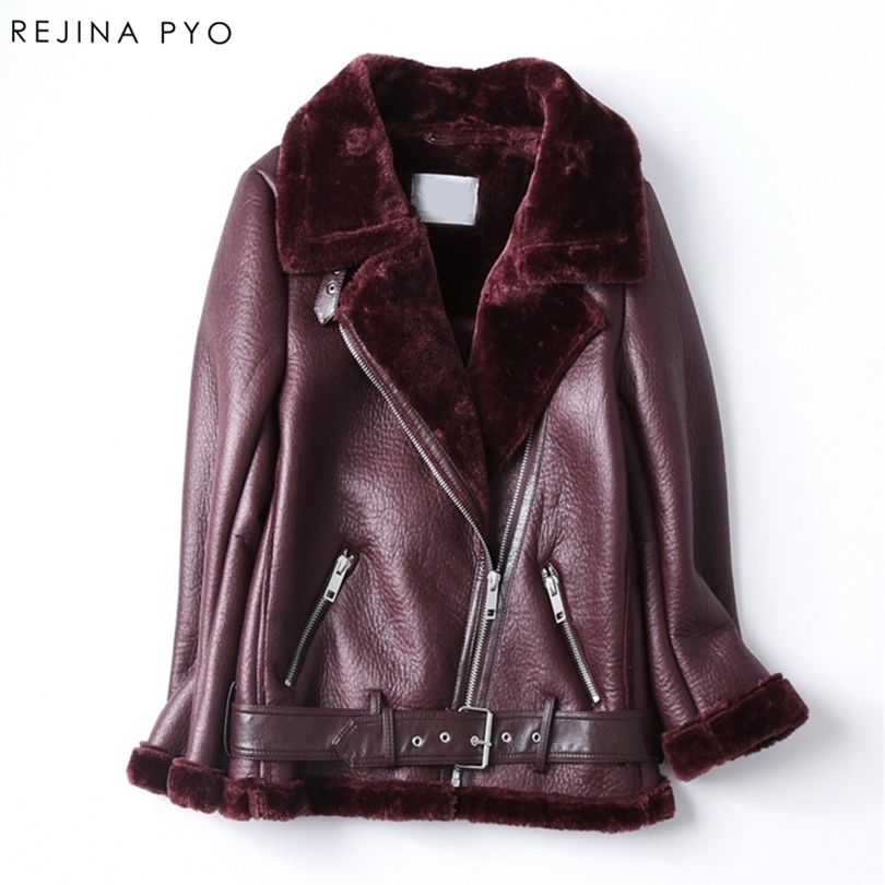 REJINAPYO Women Moto&Biker Style PU waterproof Outwear Jackets Female Slim Turndown Collar faux fur Lady Short Coat Jackets T200212
